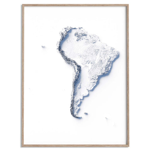 South America, Elevation tint - White, 2D printed shaded relief map with 3D effect of South America with monochrome white tint. Shop our beautiful fine art printed maps on supreme Cotton paper. Vintage maps digitally restored and enhanced with a 3D effect. VizCart from Vizart