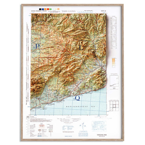 Tarragona (Spain), Topographic map - 1944, 2D printed shaded relief map with 3D effect of a 1944 topographic map of Burgos (Spain). Shop our beautiful fine art printed maps on supreme Cotton paper. Vintage maps digitally restored and enhanced with a 3D effect. VizCart from Vizart