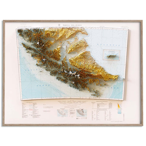 Tierra del Fuego (Chile and Argentina), Topographic map - 1964, 2D printed shaded relief map with 3D effect of a 1964 topographic map of Tierra del Fuego (Fireland, South America). Shop our beautiful fine art printed maps on supreme Cotton paper. Vintage maps digitally restored and enhanced with a 3D effect. VizCart from Vizart