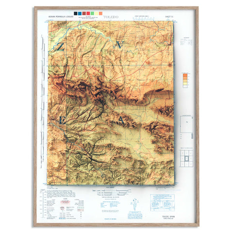 Toledo (Spain), Topographic map - 1944, 2D printed shaded relief map with 3D effect of a 1944 topographic map of Toledo (Spain). Shop our beautiful fine art printed maps on supreme Cotton paper. Vintage maps digitally restored and enhanced with a 3D effect. VizCart from Vizart