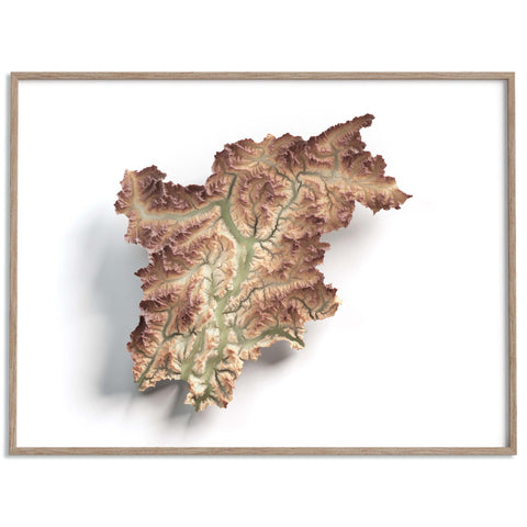Trentino Alto Adige (Italy), Elevation tint - Geo, 2D printed shaded relief map with 3D effect of Trentino-Alto Adige (Italy) with geo hypsometric tint. Shop our beautiful fine art printed maps on supreme Cotton paper. Vintage maps digitally restored and enhanced with a 3D effect. VizCart from Vizart