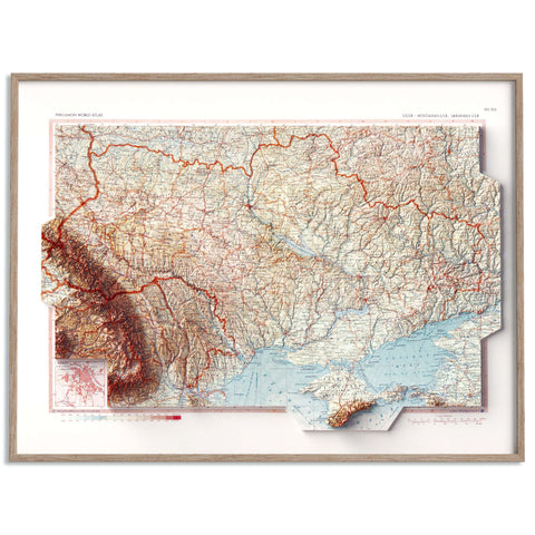 Ukraine, Topographic map - 1967, 2D printed shaded relief map with 3D effect of a 1967 topographic map of Ukraine. Shop our beautiful fine art printed maps on supreme Cotton paper. Vintage maps digitally restored and enhanced with a 3D effect. VizCart from Vizart