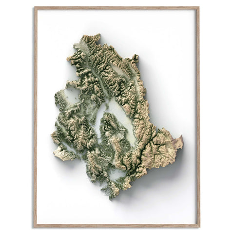Umbria (Italy), Elevation tint - Geo, 2D printed shaded relief map with 3D effect of Umbria (Italy) with geo hypsometric tint. Shop our beautiful fine art printed maps on supreme Cotton paper. Vintage maps digitally restored and enhanced with a 3D effect. VizCart from Vizart
