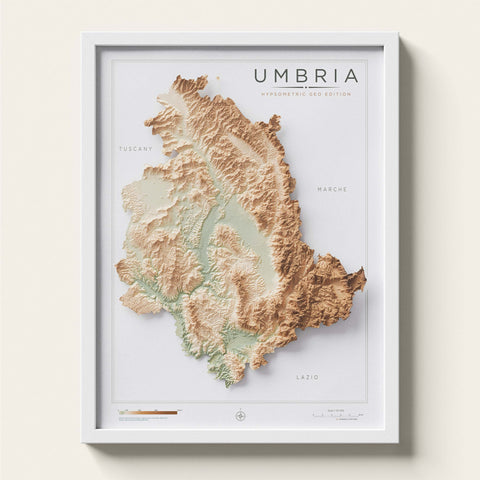 Umbria (Italy) geo shaded relief elevation map printed on fine art paper framed