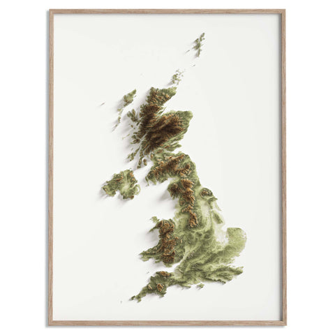 United Kingdom, Elevation tint - Geo, 2D printed shaded relief map with 3D effect of United Kingdom with geo hypsometric tint. Shop our beautiful fine art printed maps on supreme Cotton paper. Vintage maps digitally restored and enhanced with a 3D effect. VizCart from Vizart