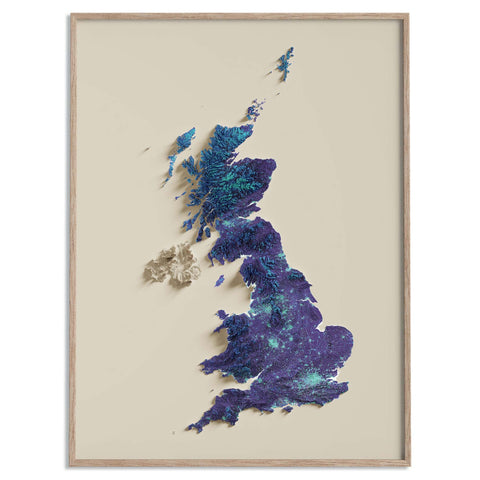United Kingdom, Elevation tint - Viridis, 2D printed shaded relief map with 3D effect of United Kingdom with viridis hypsometric tint. Shop our beautiful fine art printed maps on supreme Cotton paper. Vintage maps digitally restored and enhanced with a 3D effect. VizCart from Vizart