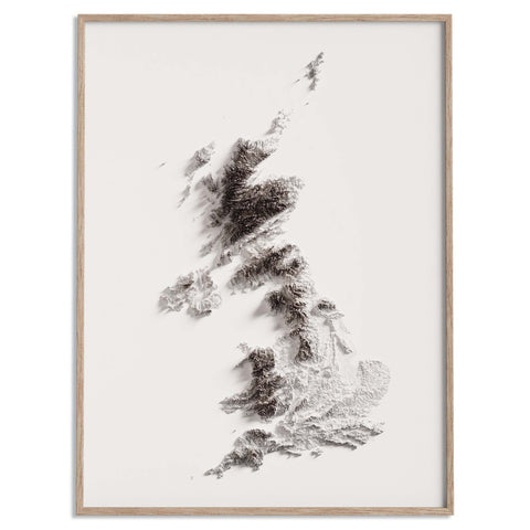 United Kingdom, Elevation tint - White, 2D printed shaded relief map with 3D effect of United Kingdom with monochrome white tint. Shop our beautiful fine art printed maps on supreme Cotton paper. Vintage maps digitally restored and enhanced with a 3D effect. VizCart from Vizart