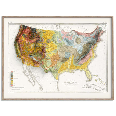 USA, Geological map - 1874, 2D printed shaded relief map with 3D effect of a 1874 geological map of United States of America. Shop our beautiful fine art printed maps on supreme Cotton paper. Vintage maps digitally restored and enhanced with a 3D effect. VizCart from Vizart