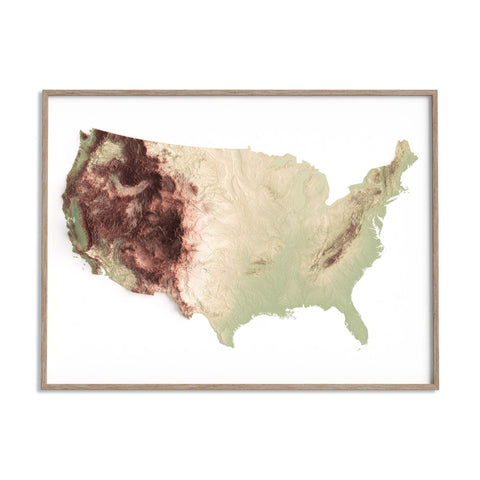 USA, Elevation tint - Geo, 2D printed shaded relief map with 3D effect of USA (Contiguous) with geo hypsometric tint. Shop our beautiful fine art printed maps on supreme Cotton paper. Vintage maps digitally restored and enhanced with a 3D effect., VizCart from Vizart