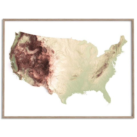 USA, Elevation tint - Geo, 2D printed shaded relief map with 3D effect of USA (Contiguous) with geo hypsometric tint. Shop our beautiful fine art printed maps on supreme Cotton paper. Vintage maps digitally restored and enhanced with a 3D effect. VizCart from Vizart