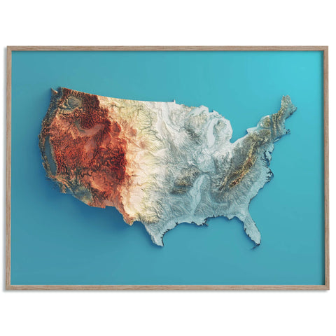 USA, Elevation tint - Spectral, 2D printed shaded relief map with 3D effect of USA (Contiguous) with spectral hypsometric tint. Shop our beautiful fine art printed maps on supreme Cotton paper. Vintage maps digitally restored and enhanced with a 3D effect. VizCart from Vizart