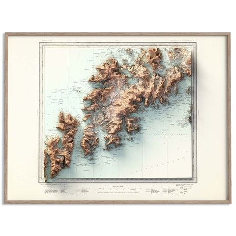 Vestvågøya (Lofoten Islands, Norway), Topographic map - 1907, 2D printed shaded relief map with 3D effect of a 1907 topographic map of Vestvagoya (Lofoten Islands, Norway). Shop our beautiful fine art printed maps on supreme Cotton paper. Vintage maps digitally restored and enhanced with a 3D effect. VizCart from Vizart