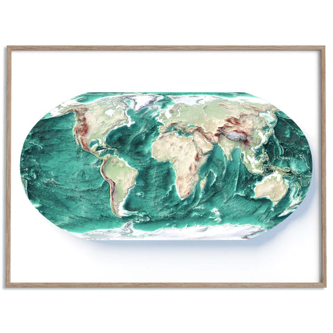 World Bathymetric, Elevation tint - Geo, 2D printed shaded relief map with 3D effect of World with geo hypsometric tint. Shop our beautiful fine art printed maps on supreme Cotton paper. Vintage maps digitally restored and enhanced with a 3D effect. VizCart from Vizart