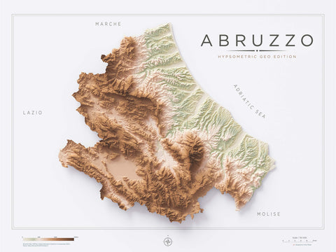 Abruzzo (Italy) geo shaded relief elevation map printed on fine art paper