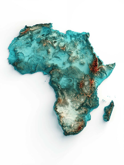 Africa Spectral elevation tint shaded relief map print with 3D effect fine art wall decor. VizCart from Vizart.