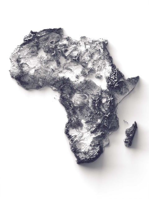 Africa White elevation tint shaded relief map print with 3D effect fine art wall decor. VizCart from Vizart
