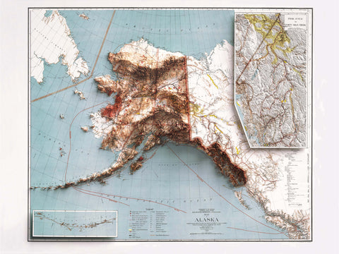 Alaska (USA), Topographic map - 1898, 2D printed shaded relief map with 3D effect of a 1898 topographic map of Alaska (USA). Shop our beautiful fine art printed maps on supreme Cotton paper. Vintage maps digitally restored and enhanced with a 3D effect. VizCart from Vizart