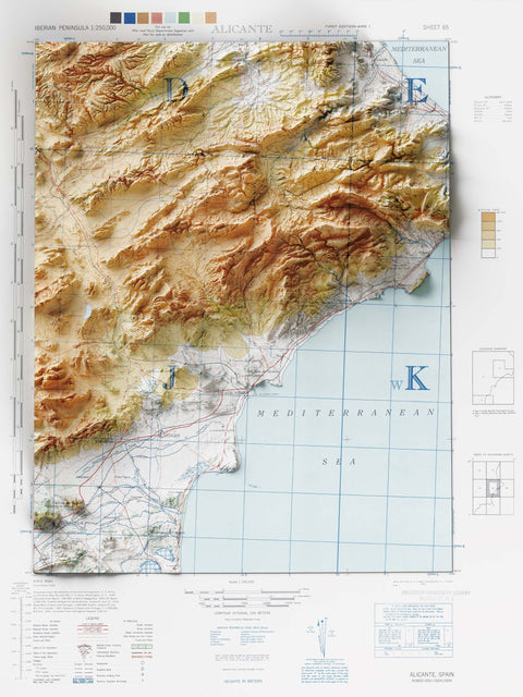 Alicante (Spain), Topographic map - 1944, 2D printed shaded relief map with 3D effect of a 1944 topographic map of Alicante (Spain). Shop our beautiful fine art printed maps on supreme Cotton paper. Vintage maps digitally restored and enhanced with a 3D effect. VizCart from Vizart