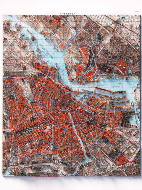 Amsterdam (The Netherlands), City map - 1914, 2D printed shaded relief map with 3D effect of a 1914 city map of Amsterdam. Shop our beautiful fine art printed maps on supreme Cotton paper. Vintage maps digitally restored and enhanced with a 3D effect. VizCart from Vizart