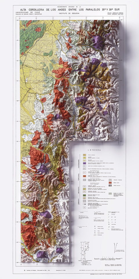 Alta Cordillera de los Andes (Chile), Geological map - 1964, 2D printed shaded relief map with 3D effect of a 1964 geological map of Andes (Alta Cordillera de los Andes, Chile). Shop our beautiful fine art printed maps on supreme Cotton paper. Vintage maps digitally restored and enhanced with a 3D effect. VizCart from Vizart