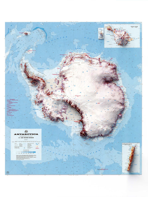 Antarctica, Topographic map - 1986, 2D printed shaded relief map with 3D effect of a 1986 topographic map of Antarctica, with McDonald Islands and Heard Island and Macquarie Island inset. Shop our beautiful fine art printed maps on supreme Cotton paper. Vintage maps digitally restored and enhanced with a 3D effect. VizCart from Vizart