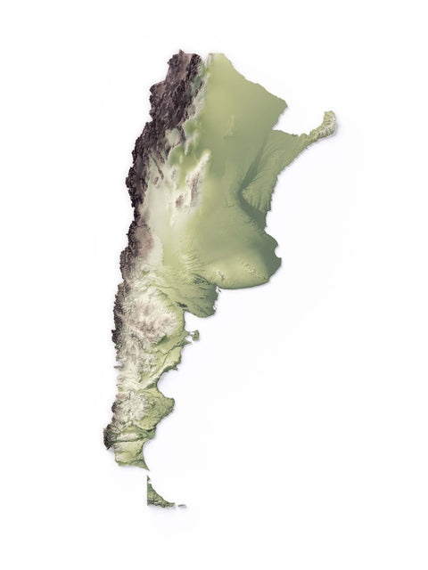 Argentina, Elevation tint - Geo, 2D printed shaded relief map with 3D effect of Argentina with geo tint. Shop our beautiful fine art printed maps on supreme Cotton paper. Vintage maps digitally restored and enhanced with a 3D effect. VizCart from Vizart