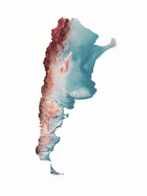 Argentina, Elevation tint - Irid, 2D printed shaded relief map with 3D effect of Argentina with irid tint. Shop our beautiful fine art printed maps on supreme Cotton paper. Vintage maps digitally restored and enhanced with a 3D effect. VizCart from Vizart