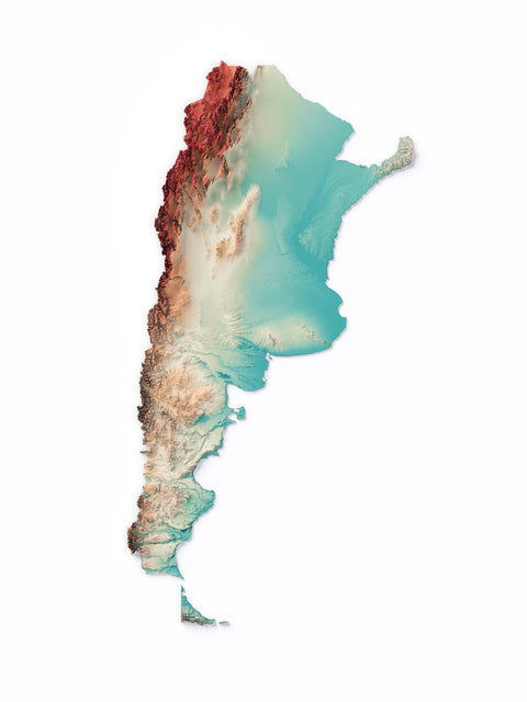 Argentina, Elevation tint - Spectral, 2D printed shaded relief map with 3D effect of Argentina with spectral tint. Shop our beautiful fine art printed maps on supreme Cotton paper. Vintage maps digitally restored and enhanced with a 3D effect. VizCart from Vizart