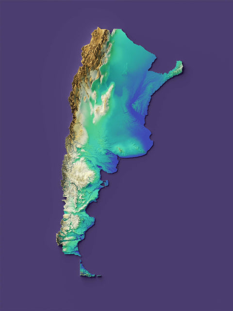 Argentina, Elevation tint - Viridis, 2D printed shaded relief map with 3D effect of Argentina with viridis tint. Shop our beautiful fine art printed maps on supreme Cotton paper. Vintage maps digitally restored and enhanced with a 3D effect. VizCart from Vizart