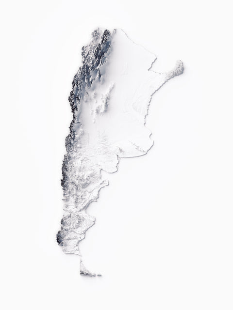 Argentina, Elevation tint - White, 2D printed shaded relief map with 3D effect of Argentina with white tint. Shop our beautiful fine art printed maps on supreme Cotton paper. Vintage maps digitally restored and enhanced with a 3D effect., VizCart from Vizart