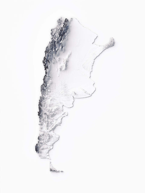 Argentina, Elevation tint - White, 2D printed shaded relief map with 3D effect of Argentina with white tint. Shop our beautiful fine art printed maps on supreme Cotton paper. Vintage maps digitally restored and enhanced with a 3D effect. VizCart from Vizart