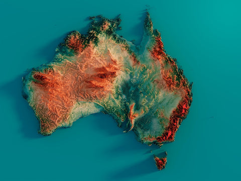 Australia, Elevation tint - Spectral, 2D printed shaded relief map with 3D effect of Australia with spectral hypsometric tint. Shop our beautiful fine art printed maps on supreme Cotton paper. Vintage maps digitally restored and enhanced with a 3D effect. VizCart from Vizart