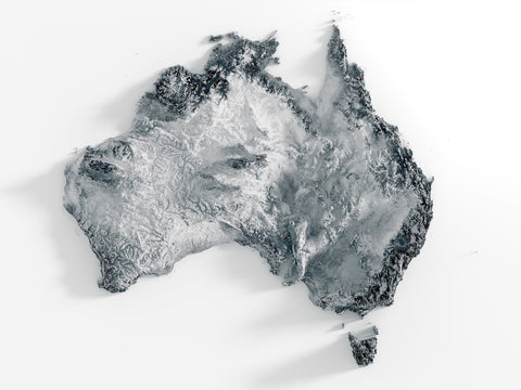 Australia, Elevation tint - White, 2D printed shaded relief map with 3D effect of Australia with white hypsometric tint. Shop our beautiful fine art printed maps on supreme Cotton paper. Vintage maps digitally restored and enhanced with a 3D effect. VizCart from Vizart