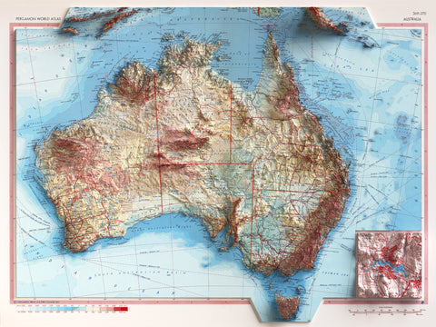 Australia, Topographic map - 1967, 2D printed shaded relief map with 3D effect of a 1967 topographic map of Australia. Shop our beautiful fine art printed maps on supreme Cotton paper. Vintage maps digitally restored and enhanced with a 3D effect. VizCart from Vizart