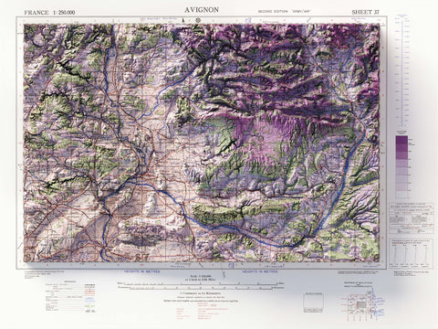 Avignon (France), Topographic map - 1943, 2D printed shaded relief map with 3D effect of a 1943 topographic map of Avignon (France). Shop our beautiful fine art printed maps on supreme Cotton paper. Vintage maps digitally restored and enhanced with a 3D effect., VizCart from Vizart