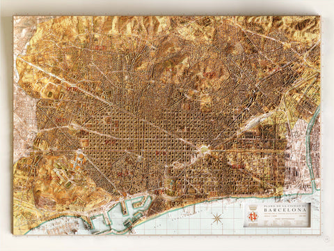 Barcelona (Spain), City map - 1962, 2D printed shaded relief map with 3D effect of a 1962 city map of Barcelona. Shop our beautiful fine art printed maps on supreme Cotton paper. Vintage maps digitally restored and enhanced with a 3D effect. VizCart from Vizart