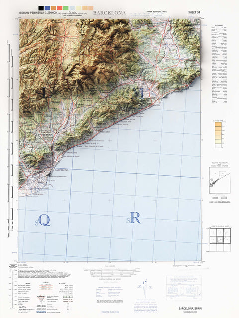Barcelona (Spain), Topographic map - 1944, 2D printed shaded relief map with 3D effect of a 1944 topographic map of Barcelona (Spain). Shop our beautiful fine art printed maps on supreme Cotton paper. Vintage maps digitally restored and enhanced with a 3D effect. VizCart from Vizart