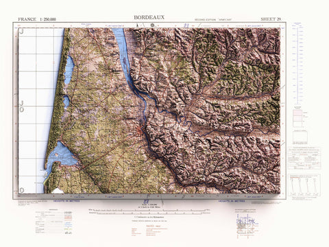 Bordeaux (France), Topographic map - 1943, 2D printed shaded relief map with 3D effect of a 1943 topographic map of Bordeaux (France). Shop our beautiful fine art printed maps on supreme Cotton paper. Vintage maps digitally restored and enhanced with a 3D effect. VizCart from Vizart