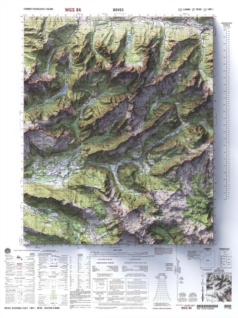 Valley of Soča, Bovec (Slovenia), Topographic map - 1987, 2D printed shaded relief map with 3D effect of a 1987 topographic map of Valley of Soča, Bovec (Slovenia). Shop our beautiful fine art printed maps on supreme Cotton paper. Vintage maps digitally restored and enhanced with a 3D effect. VizCart from Vizart