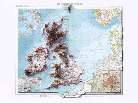 British-Irish Isles, Topographic map - 1911, 2D printed shaded relief map with 3D effect of a 1911 topographic map of Britain and Ireland (British-Irish Isles). Shop our beautiful fine art printed maps on supreme Cotton paper. Vintage maps digitally restored and enhanced with a 3D effect. VizCart from Vizart