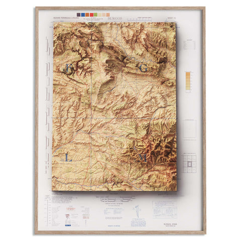 Burgos (Spain), Topographic map - 1944, 2D printed shaded relief map with 3D effect of a 1944 topographic map of Burgos (Spain). Shop our beautiful fine art printed maps on supreme Cotton paper. Vintage maps digitally restored and enhanced with a 3D effect. VizCart from Vizart