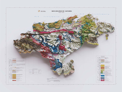 Cantabria (Spain), Geological map - 1989, 2D printed shaded relief map with 3D effect of a 1989 geologic map of Cantabria (Spain). Shop our beautiful fine art printed maps on supreme Cotton paper. Vintage maps digitally restored and enhanced with a 3D effect. VizCart from Vizart