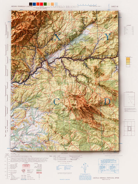 Castelo Branco (Portugal), Topographic map - 1944, 2D printed shaded relief map with 3D effect of a 1944 topographic map of Castelo Branco (Portugal). Shop our beautiful fine art printed maps on supreme Cotton paper. Vintage maps digitally restored and enhanced with a 3D effect. VizCart from Vizart