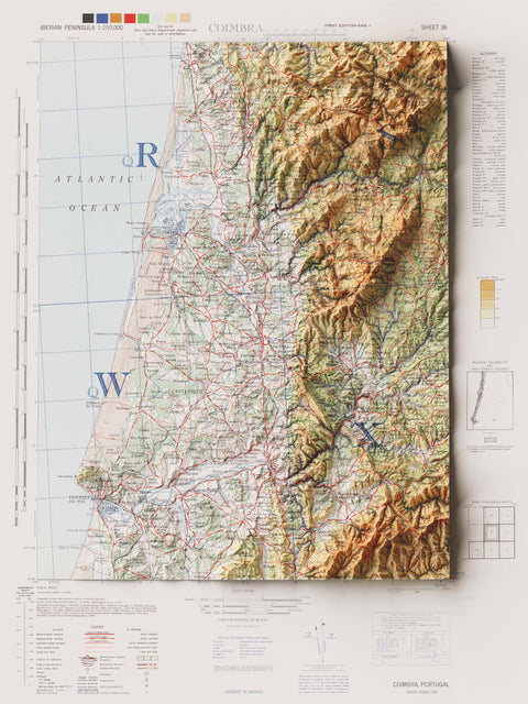 Coimbra (Portugal), Topographic map - 1944, 2D printed shaded relief map with 3D effect of a 1944 topographic map of Coimbra (Portugal). Shop our beautiful fine art printed maps on supreme Cotton paper. Vintage maps digitally restored and enhanced with a 3D effect. VizCart from Vizart