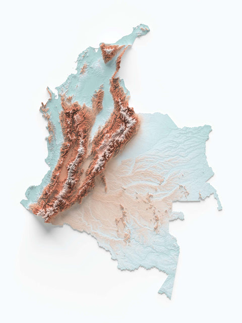 Colombia, Elevation tint - Candy, 2D printed shaded relief map with 3D effect of Colombia with candy tint. Shop our beautiful fine art printed maps on supreme Cotton paper. Vintage maps digitally restored and enhanced with a 3D effect. VizCart from Vizart