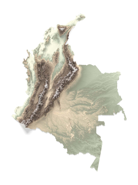 Colombia, Elevation tint - Geo, 2D printed shaded relief map with 3D effect of Colombia with geo tint. Shop our beautiful fine art printed maps on supreme Cotton paper. Vintage maps digitally restored and enhanced with a 3D effect. VizCart from Vizart