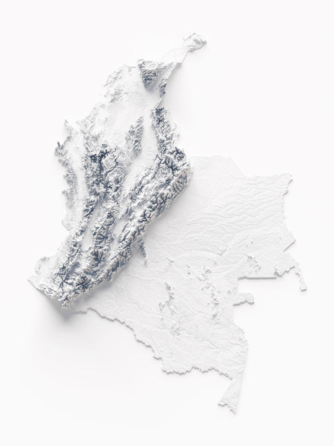 Colombia, Elevation tint - White, 2D printed shaded relief map with 3D effect of Colombia with white tint. Shop our beautiful fine art printed maps on supreme Cotton paper. Vintage maps digitally restored and enhanced with a 3D effect., VizCart from Vizart