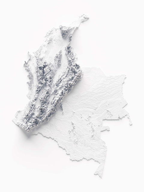 Colombia, Elevation tint - White, 2D printed shaded relief map with 3D effect of Colombia with white tint. Shop our beautiful fine art printed maps on supreme Cotton paper. Vintage maps digitally restored and enhanced with a 3D effect. VizCart from Vizart