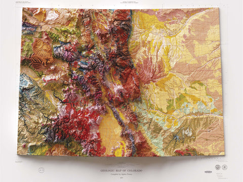 Colorado (USA), Geological map - 1979, 2D printed shaded relief map with 3D effect of a 1979 geological map of Colorado (USA). Shop our beautiful fine art printed maps on supreme Cotton paper. Vintage maps digitally restored and enhanced with a 3D effect. VizCart from Vizart