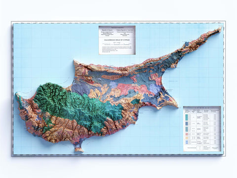Cyprus, Soil map - 1987, 2D printed shaded relief map with 3D effect of a 1987 soil map of Cyprus. Shop our beautiful fine art printed maps on supreme Cotton paper. Vintage maps digitally restored and enhanced with a 3D effect. VizCart from Vizart